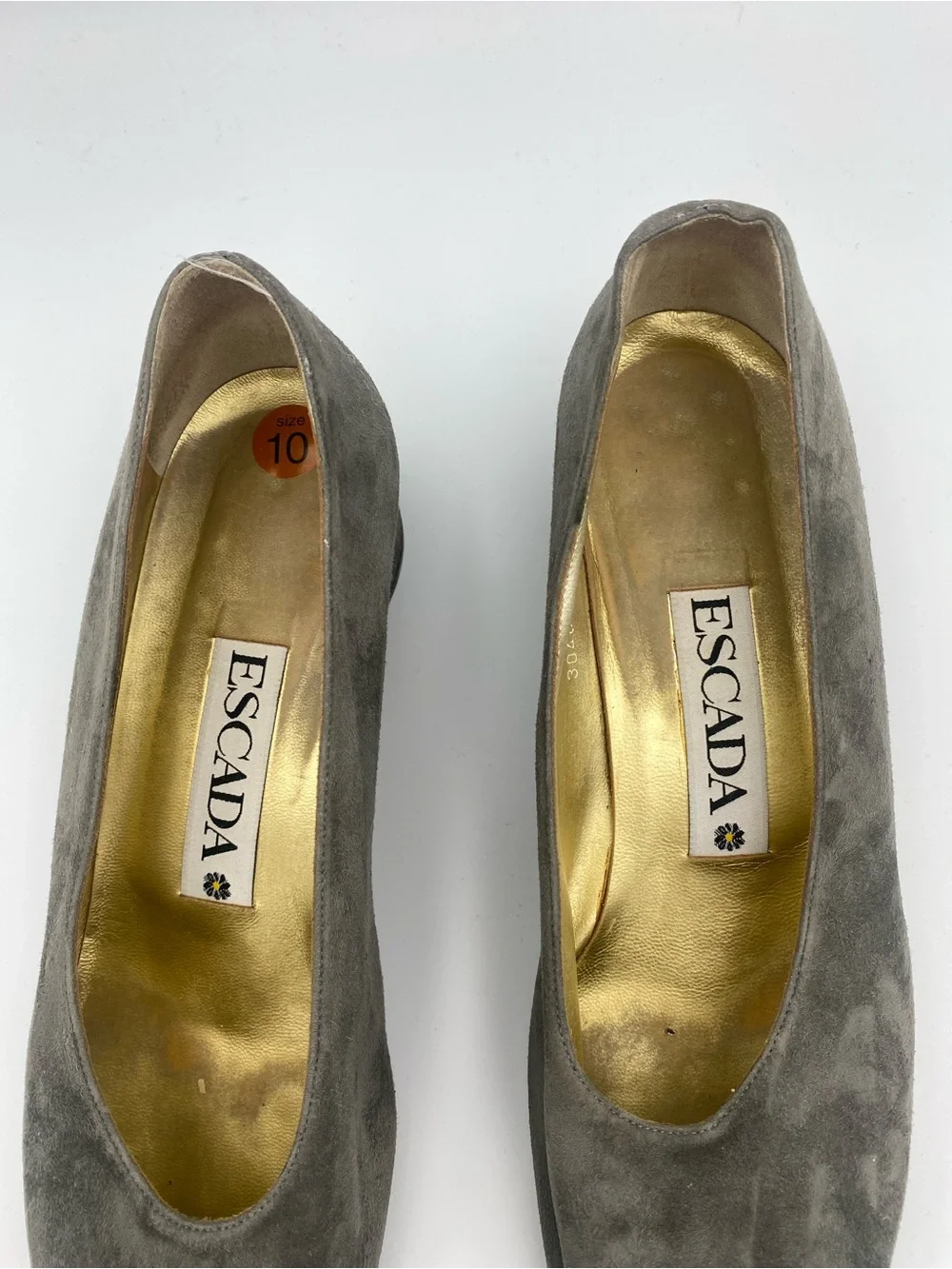 Escada Gray Suede Low Block Heel Pumps with Gold Accent